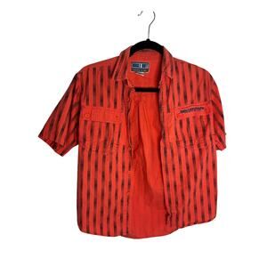 Vintage Bugle Boy Red Black Striped Button Down Shirt 90s Made in Hong Kong M